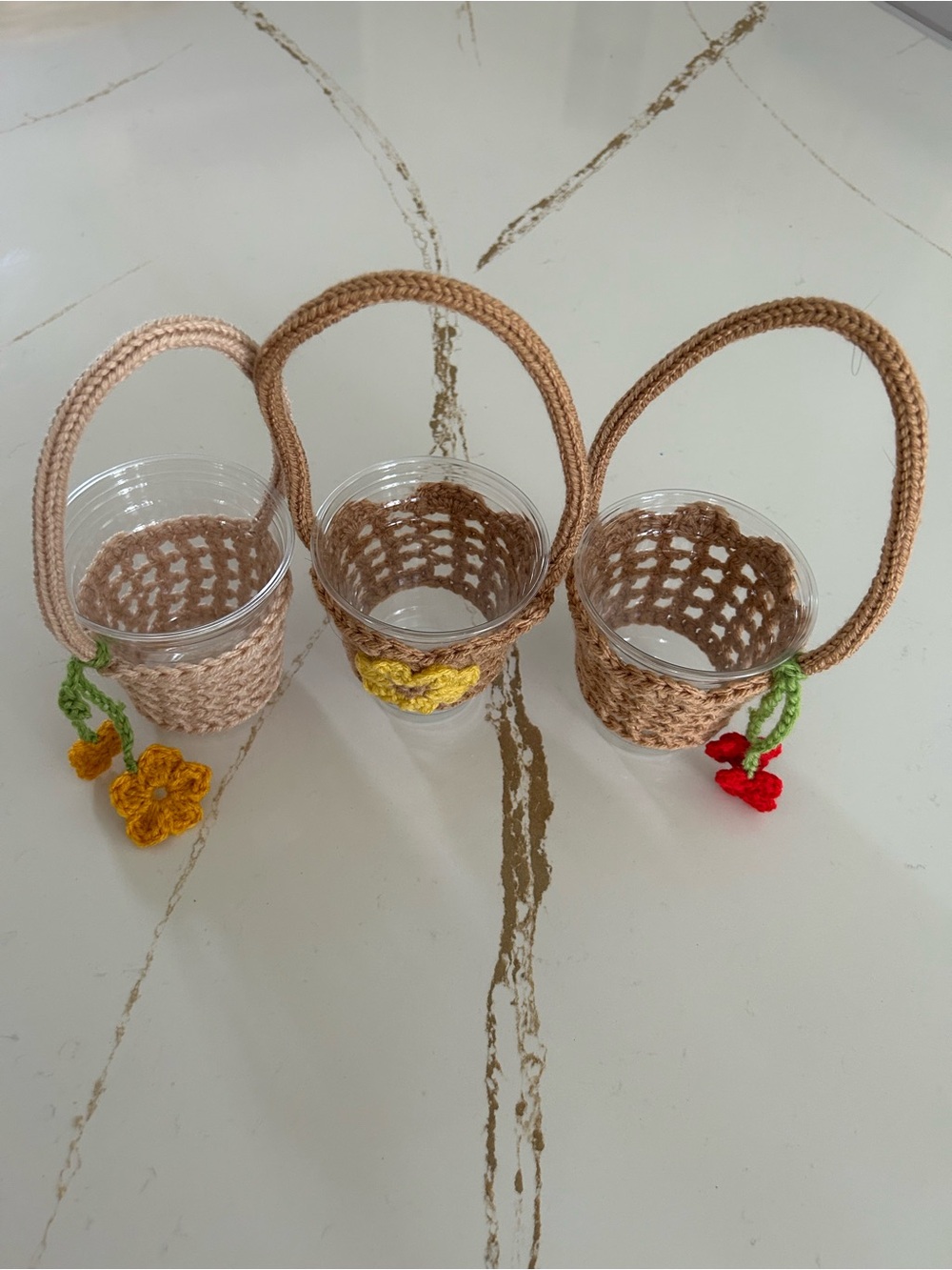 Handmade Beige Crochet coffee cup holder with Yellow Flower Accent